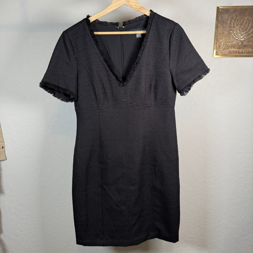 Andrew Marc‎ Black Textured V Neck Fringe Short Sleeve Sheath Dress Size 10